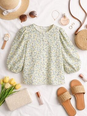 H&M Light Green Floral Puff Sleeve Blouse with Yellow Accents